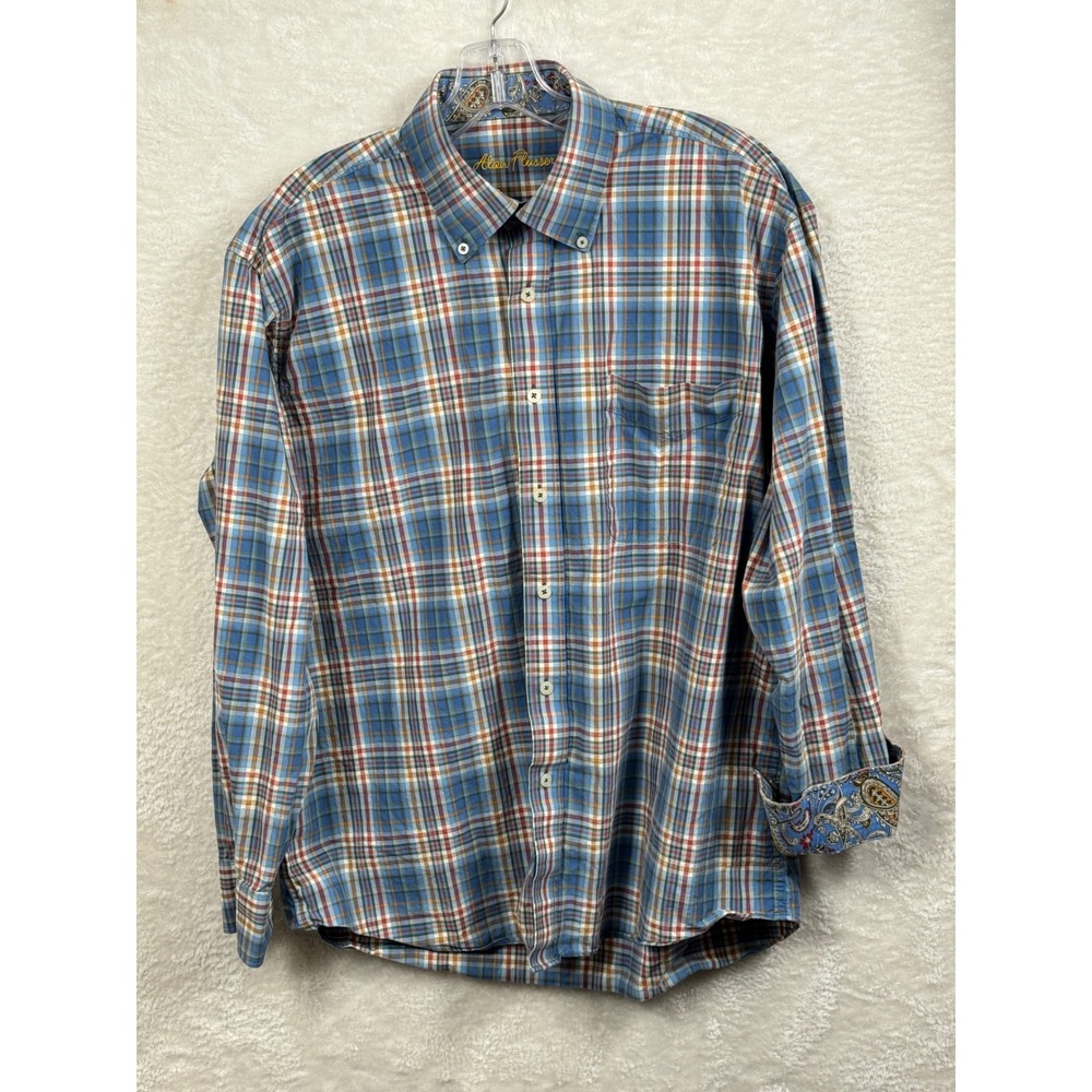 Alan Flusser Plaid Button Down Shirt Long Sleeve Patterned Cuff‎ Detail L